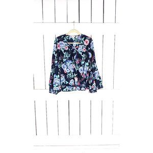 Sheer blue floral  long bell sleeve pullover billowy wrap around blouse